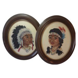 Vintage Petit Point Framed Artwork Indigenous Native American Man Woman Canadian